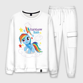 Мужской костюм хлопок с принтом Rainbow Dash в городе Новоалтайск, 100% хлопок | на свитшоте круглая горловина, мягкая резинка по низу. Брюки заужены к низу, на них два вида карманов: два “обычных” по бокам и два объемных, с клапанами, расположенные ниже линии бедра. Брюки с мягкой трикотажной резинкой на поясе и по низу штанин. В поясе для дополнительного комфорта — широкие завязки | dash | pony | rainbow | rainbow dash | детские | мой маленький пони | пони