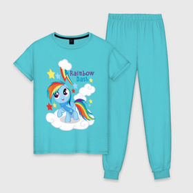Женская пижама хлопок с принтом Rainbow Dash в городе Новоалтайск, 100% хлопок | брюки и футболка прямого кроя, без карманов, на брюках мягкая резинка на поясе и по низу штанин | dash | pony | rainbow | rainbow dash | детские | мой маленький пони | пони