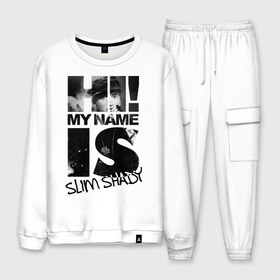 Мужской костюм хлопок с принтом Hi My name is slim shady в городе Новоалтайск, 100% хлопок | на свитшоте круглая горловина, мягкая резинка по низу. Брюки заужены к низу, на них два вида карманов: два “обычных” по бокам и два объемных, с клапанами, расположенные ниже линии бедра. Брюки с мягкой трикотажной резинкой на поясе и по низу штанин. В поясе для дополнительного комфорта — широкие завязки | Тематика изображения на принте: хип хоп