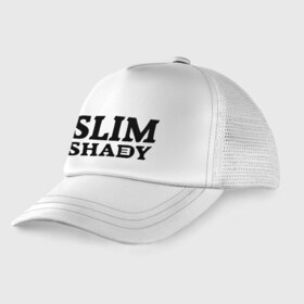 Детская кепка тракер с принтом Slim shady E в городе Новоалтайск, Козырек - 100% хлопок. Кепка - 100% полиэстер, Задняя часть - сетка | универсальный размер, пластиковая застёжка | Тематика изображения на принте: eminem | slim shady | зарубежный рэп | музыка | репчик | рэп | эминем