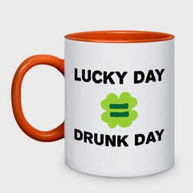 Кружка двухцветная с принтом Lucky day = drunk day в городе Новоалтайск, керамика | объем — 330 мл, диаметр — 80 мм. Цветная ручка и кайма сверху, в некоторых цветах — вся внутренняя часть | patricks day | saint patricks day | день патрика | день святого патрика | клевер | четырехлистный клевер