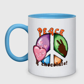 Кружка двухцветная с принтом Peace, love & chocolate! в городе Новоалтайск, керамика | объем — 330 мл, диаметр — 80 мм. Цветная ручка и кайма сверху, в некоторых цветах — вся внутренняя часть | love | peace | любовь | мир | шоколад