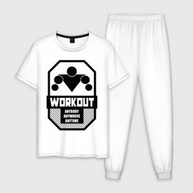 Мужская пижама хлопок с принтом WORKOUT Anybody Anywhere Anytime в городе Новоалтайск, 100% хлопок | брюки и футболка прямого кроя, без карманов, на брюках мягкая резинка на поясе и по низу штанин
 | work out | воркаут | кач | качалка | качалочка | качок | спорт | тренажерка | турник