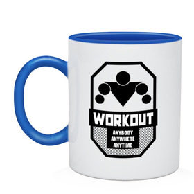 Кружка двухцветная с принтом WORKOUT Anybody Anywhere Anytime в городе Новоалтайск, керамика | объем — 330 мл, диаметр — 80 мм. Цветная ручка и кайма сверху, в некоторых цветах — вся внутренняя часть | work out | воркаут | кач | качалка | качалочка | качок | спорт | тренажерка | турник