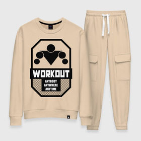 Женский костюм хлопок с принтом WORKOUT Anybody Anywhere Anytime в городе Новоалтайск, 100% хлопок | на свитшоте круглая горловина, мягкая резинка по низу. Брюки заужены к низу, на них два вида карманов: два 