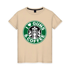 Женская футболка хлопок с принтом I Love Guns and Coffee пистолеты и кофе в городе Новоалтайск, 100% хлопок | прямой крой, круглый вырез горловины, длина до линии бедер, слегка спущенное плечо | я люблю кофе и пистолеты