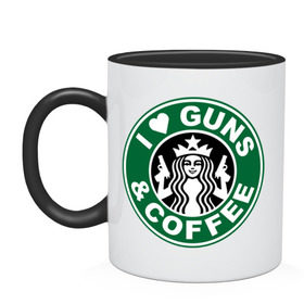 Кружка двухцветная с принтом I Love Guns and Coffee пистолеты и кофе в городе Новоалтайск, керамика | объем — 330 мл, диаметр — 80 мм. Цветная ручка и кайма сверху, в некоторых цветах — вся внутренняя часть | я люблю кофе и пистолеты