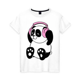 Женская футболка хлопок с принтом Panda in headphones (панда в наушниках) в городе Новоалтайск, 100% хлопок | прямой крой, круглый вырез горловины, длина до линии бедер, слегка спущенное плечо | панда