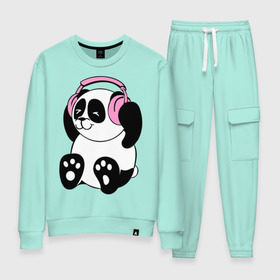 Женский костюм хлопок с принтом Panda in headphones (панда в наушниках) в городе Новоалтайск, 100% хлопок | на свитшоте круглая горловина, мягкая резинка по низу. Брюки заужены к низу, на них два вида карманов: два 