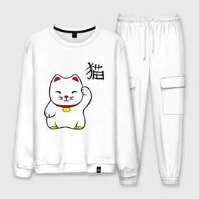 Мужской костюм хлопок с принтом Манэки-нэко (Maneki-Neko) в городе Новоалтайск, 100% хлопок | на свитшоте круглая горловина, мягкая резинка по низу. Брюки заужены к низу, на них два вида карманов: два “обычных” по бокам и два объемных, с клапанами, расположенные ниже линии бедра. Брюки с мягкой трикотажной резинкой на поясе и по низу штанин. В поясе для дополнительного комфорта — широкие завязки | кошки | няш | символ счастья | японские кошки