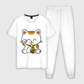 Мужская пижама хлопок с принтом Maneki-Neko Манэки – кошка удачи в городе Новоалтайск, 100% хлопок | брюки и футболка прямого кроя, без карманов, на брюках мягкая резинка на поясе и по низу штанин
 | киса | котенок | кошка удачи | японские кошки