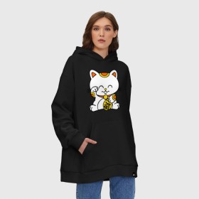 Худи SuperOversize хлопок с принтом Maneki-Neko Манэки – кошка удачи в городе Новоалтайск, 70% хлопок, 30% полиэстер, мягкий начес внутри | карман-кенгуру, эластичная резинка на манжетах и по нижней кромке, двухслойный капюшон
 | киса | котенок | кошка удачи | японские кошки