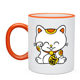 Кружка двухцветная с принтом Maneki-Neko Манэки – кошка удачи в городе Новоалтайск, керамика | объем — 330 мл, диаметр — 80 мм. Цветная ручка и кайма сверху, в некоторых цветах — вся внутренняя часть | киса | котенок | кошка удачи | японские кошки