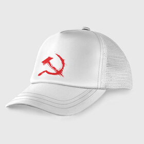 Детская кепка тракер с принтом Cерп и молот в городе Новоалтайск, Козырек - 100% хлопок. Кепка - 100% полиэстер, Задняя часть - сетка | универсальный размер, пластиковая застёжка | cерп | cерп и молот | молот | ссср
