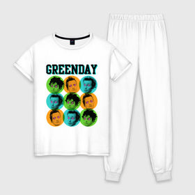 Женская пижама хлопок с принтом Green Day all в городе Новоалтайск, 100% хлопок | брюки и футболка прямого кроя, без карманов, на брюках мягкая резинка на поясе и по низу штанин | green day | rock | грин дэй | лица | музыка | рок группа | солист | участники