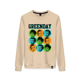Женский свитшот хлопок с принтом Green Day all в городе Новоалтайск, 100% хлопок | прямой крой, круглый вырез, на манжетах и по низу широкая трикотажная резинка  | green day | rock | грин дэй | лица | музыка | рок группа | солист | участники