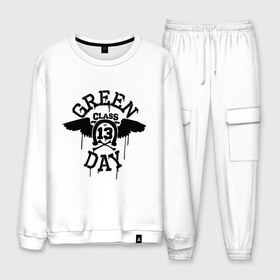 Мужской костюм хлопок с принтом Green day class of 13 в городе Новоалтайск, 100% хлопок | на свитшоте круглая горловина, мягкая резинка по низу. Брюки заужены к низу, на них два вида карманов: два “обычных” по бокам и два объемных, с клапанами, расположенные ниже линии бедра. Брюки с мягкой трикотажной резинкой на поясе и по низу штанин. В поясе для дополнительного комфорта — широкие завязки | green day | rock | грин дэй | музыка | подкова | рок группа