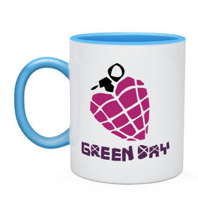 Кружка двухцветная с принтом Green day is love в городе Новоалтайск, керамика | объем — 330 мл, диаметр — 80 мм. Цветная ручка и кайма сверху, в некоторых цветах — вся внутренняя часть | billie joe armstrong | green day | green day t shirt | rock | билли джо армстронг | граната | грин дэй | любовь | музыка | рок группа | рука | сердце