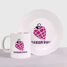 Набор: тарелка + кружка с принтом Green day is love в городе Новоалтайск, керамика | Кружка: объем — 330 мл, диаметр — 80 мм. Принт наносится на бока кружки, можно сделать два разных изображения. 
Тарелка: диаметр - 210 мм, диаметр для нанесения принта - 120 мм. | billie joe armstrong | green day | green day t shirt | rock | билли джо армстронг | граната | грин дэй | любовь | музыка | рок группа | рука | сердце