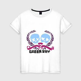 Женская футболка хлопок с принтом Green day skulls в городе Новоалтайск, 100% хлопок | прямой крой, круглый вырез горловины, длина до линии бедер, слегка спущенное плечо | green day | rock | грин дэй | лента | музыка | рок группа | черепа | черепушки