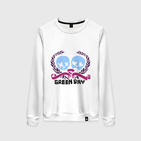 Женский свитшот хлопок с принтом Green day skulls в городе Новоалтайск, 100% хлопок | прямой крой, круглый вырез, на манжетах и по низу широкая трикотажная резинка  | green day | rock | грин дэй | лента | музыка | рок группа | черепа | черепушки