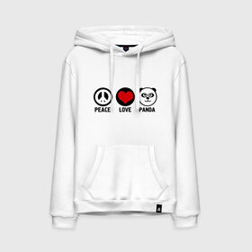 Мужская толстовка хлопок с принтом Peace, love, panda (мир любовь панда) в городе Новоалтайск, френч-терри, мягкий теплый начес внутри (100% хлопок) | карман-кенгуру, эластичные манжеты и нижняя кромка, капюшон с подкладом и шнурком | Тематика изображения на принте: love | panda | peace | любовь | мир