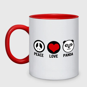 Кружка двухцветная с принтом Peace, love, panda (мир любовь панда) в городе Новоалтайск, керамика | объем — 330 мл, диаметр — 80 мм. Цветная ручка и кайма сверху, в некоторых цветах — вся внутренняя часть | Тематика изображения на принте: love | panda | peace | любовь | мир
