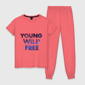 Женская пижама хлопок с принтом Young wild free в городе Новоалтайск, 100% хлопок | брюки и футболка прямого кроя, без карманов, на брюках мягкая резинка на поясе и по низу штанин | young wild free | интернет приколы | космическая тема | космос