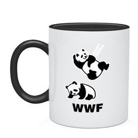 Кружка двухцветная с принтом Панда WWF Wrestling Challenge в городе Новоалтайск, керамика | объем — 330 мл, диаметр — 80 мм. Цветная ручка и кайма сверху, в некоторых цветах — вся внутренняя часть | Тематика изображения на принте: панда
