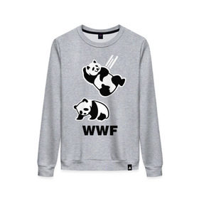 Женский свитшот хлопок с принтом Панда WWF Wrestling Challenge в городе Новоалтайск, 100% хлопок | прямой крой, круглый вырез, на манжетах и по низу широкая трикотажная резинка  | панда