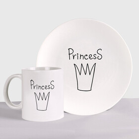 Набор: тарелка + кружка с принтом PrincesS picture в городе Новоалтайск, керамика | Кружка: объем — 330 мл, диаметр — 80 мм. Принт наносится на бока кружки, можно сделать два разных изображения. 
Тарелка: диаметр - 210 мм, диаметр для нанесения принта - 120 мм. | princess | девушкам | для девушек | корона | подарок девушке