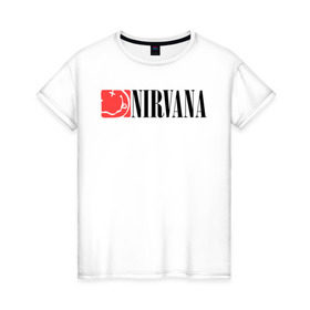 Женская футболка хлопок с принтом Nirvana Smile в городе Новоалтайск, 100% хлопок | прямой крой, круглый вырез горловины, длина до линии бедер, слегка спущенное плечо | nirvana | nirvana smile | нирвана | нирвана smile | нирвана смайл