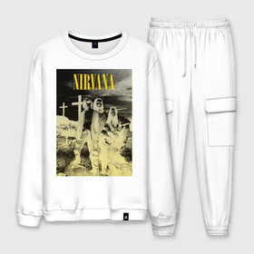 Мужской костюм хлопок с принтом Nirvana Poster в городе Новоалтайск, 100% хлопок | на свитшоте круглая горловина, мягкая резинка по низу. Брюки заужены к низу, на них два вида карманов: два “обычных” по бокам и два объемных, с клапанами, расположенные ниже линии бедра. Брюки с мягкой трикотажной резинкой на поясе и по низу штанин. В поясе для дополнительного комфорта — широкие завязки | kurt kobain | nirvana | курт кобейн | музыкальные группы | нирвана | рок группы