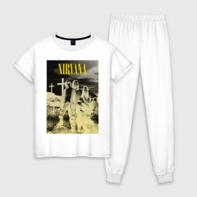 Женская пижама хлопок с принтом Nirvana Poster в городе Новоалтайск, 100% хлопок | брюки и футболка прямого кроя, без карманов, на брюках мягкая резинка на поясе и по низу штанин | kurt kobain | nirvana | курт кобейн | музыкальные группы | нирвана | рок группы