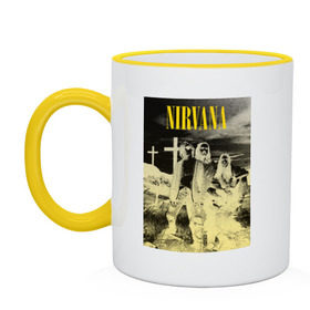 Кружка двухцветная с принтом Nirvana Poster в городе Новоалтайск, керамика | объем — 330 мл, диаметр — 80 мм. Цветная ручка и кайма сверху, в некоторых цветах — вся внутренняя часть | kurt kobain | nirvana | курт кобейн | музыкальные группы | нирвана | рок группы