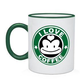 Кружка двухцветная с принтом I love coffee (я люблю кофе) в городе Новоалтайск, керамика | объем — 330 мл, диаметр — 80 мм. Цветная ручка и кайма сверху, в некоторых цветах — вся внутренняя часть | 