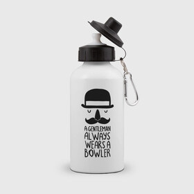 Бутылка спортивная с принтом Gentleman wears bowler в городе Новоалтайск, металл | емкость — 500 мл, в комплекте две пластиковые крышки и карабин для крепления | джентльмен | джентльмен всгда носит усы | усы | шляпа