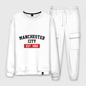 Мужской костюм хлопок с принтом FC Manchester City Est 1880 в городе Новоалтайск, 100% хлопок | на свитшоте круглая горловина, мягкая резинка по низу. Брюки заужены к низу, на них два вида карманов: два “обычных” по бокам и два объемных, с клапанами, расположенные ниже линии бедра. Брюки с мягкой трикотажной резинкой на поясе и по низу штанин. В поясе для дополнительного комфорта — широкие завязки | fc manchester city | манчестр сити | фк манчестер сити