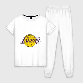 Женская пижама хлопок с принтом LA Lakers в городе Новоалтайск, 100% хлопок | брюки и футболка прямого кроя, без карманов, на брюках мягкая резинка на поясе и по низу штанин | basketball | lakers | media | nba | toplanding | баскетболл | лейкерс | лого баскетбольных клубов | лос анджелес | нба