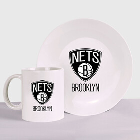 Набор: тарелка + кружка с принтом Nets Brooklyn в городе Новоалтайск, керамика | Кружка: объем — 330 мл, диаметр — 80 мм. Принт наносится на бока кружки, можно сделать два разных изображения. 
Тарелка: диаметр - 210 мм, диаметр для нанесения принта - 120 мм. | Тематика изображения на принте: бруклин