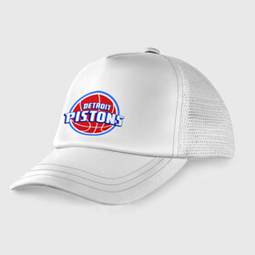 Детская кепка тракер с принтом Detroit Pistons - logo в городе Новоалтайск, Козырек - 100% хлопок. Кепка - 100% полиэстер, Задняя часть - сетка | универсальный размер, пластиковая застёжка | basketball | nba | баскетболл | детроит | лого баскетбольных клубов | нба