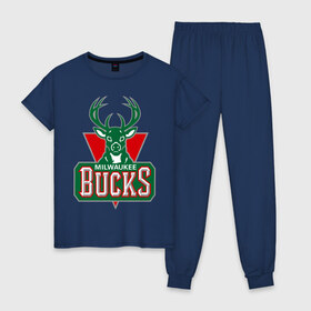 Женская пижама хлопок с принтом Milwaukee Bucks - logo в городе Новоалтайск, 100% хлопок | брюки и футболка прямого кроя, без карманов, на брюках мягкая резинка на поясе и по низу штанин | basketball | nba | баскетболл | лого баскетбольных клубов | нба