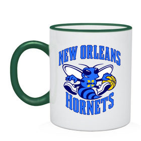 Кружка двухцветная с принтом New Orleans Hornets в городе Новоалтайск, керамика | объем — 330 мл, диаметр — 80 мм. Цветная ручка и кайма сверху, в некоторых цветах — вся внутренняя часть | basketball | nba | баскетболл | лого баскетбольных клубов | нба | новый орлеан