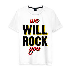 Мужская футболка хлопок с принтом We will rock you! в городе Новоалтайск, 100% хлопок | прямой крой, круглый вырез горловины, длина до линии бедер, слегка спущенное плечо. | Тематика изображения на принте: freddie mercury | queen | классический рок | куин | рок группа | фредди меркьюри