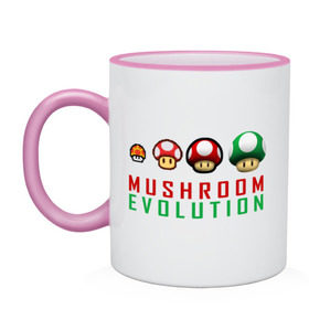 Кружка двухцветная с принтом Mario Mushroom Evolution в городе Новоалтайск, керамика | объем — 330 мл, диаметр — 80 мм. Цветная ручка и кайма сверху, в некоторых цветах — вся внутренняя часть | nintendo | марио | нинтендо