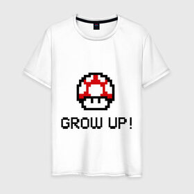 Мужская футболка хлопок с принтом Grow up! в городе Новоалтайск, 100% хлопок | прямой крой, круглый вырез горловины, длина до линии бедер, слегка спущенное плечо. | марио