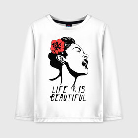 Детский лонгслив хлопок с принтом Life is beautiful в городе Новоалтайск, 100% хлопок | круглый вырез горловины, полуприлегающий силуэт, длина до линии бедер | banksy | бенкси | бэнкси | графити | граффити | жизнь прекрасна | стрит арт | стритарт