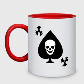 Кружка двухцветная с принтом Skull card в городе Новоалтайск, керамика | объем — 330 мл, диаметр — 80 мм. Цветная ручка и кайма сверху, в некоторых цветах — вся внутренняя часть | карты | кости | пики | пиковый туз | череп | черепа