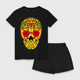 Женская пижама с шортиками хлопок с принтом Flower Skull в городе Новоалтайск, 100% хлопок | футболка прямого кроя, шорты свободные с широкой мягкой резинкой | skull | цветочный орнамент | цветы | череп | черепа