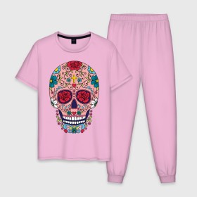 Мужская пижама хлопок с принтом Oldschool skull в городе Новоалтайск, 100% хлопок | брюки и футболка прямого кроя, без карманов, на брюках мягкая резинка на поясе и по низу штанин
 | oldschool | skull | олд скул | олдскул | цветочный орнамент | цветы | череп | черепа